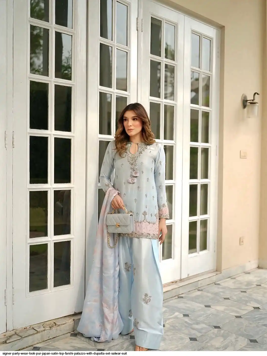 SIGNER PARTY WEAR LOOK PUR JAPAN SATIN TOP FARSHI PALAZZO WITH DUPATTA SET SALWAR SUIT 1