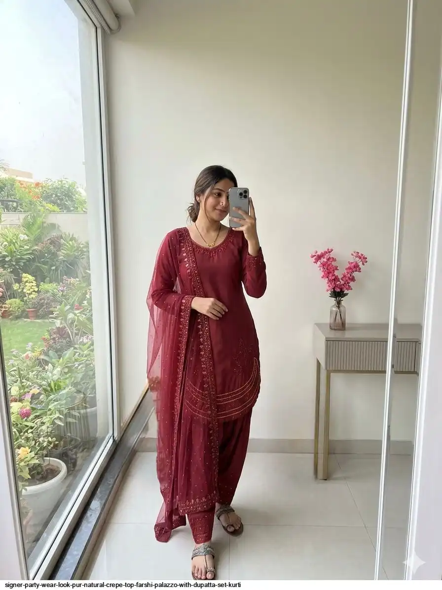 SIGNER PARTY WEAR LOOK PUR NATURAL CREPE TOP FARSHI PALAZZO WITH DUPATTA SET KURTI 2
