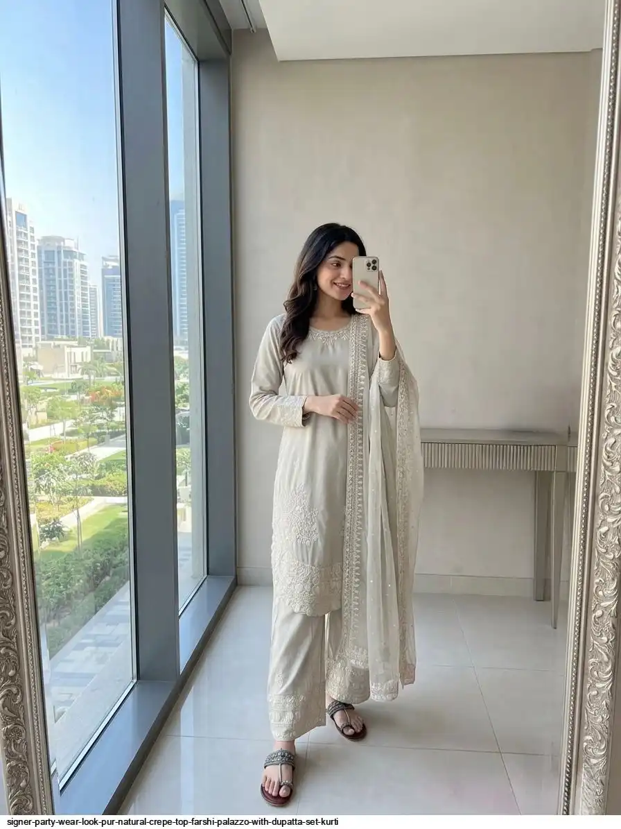 SIGNER PARTY WEAR LOOK PUR NATURAL CREPE TOP FARSHI PALAZZO WITH DUPATTA SET KURTI 3