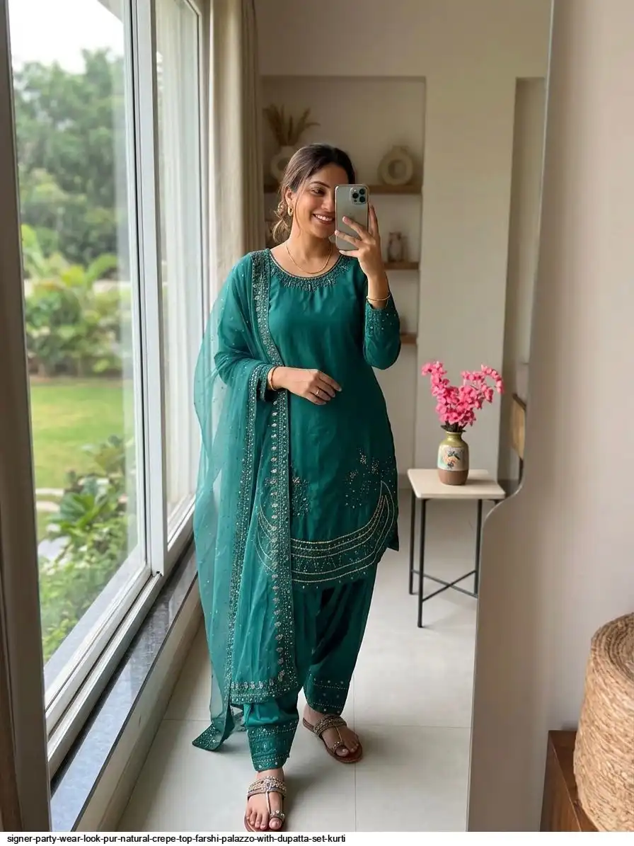 SIGNER PARTY WEAR LOOK PUR NATURAL CREPE TOP FARSHI PALAZZO WITH DUPATTA SET KURTI 4