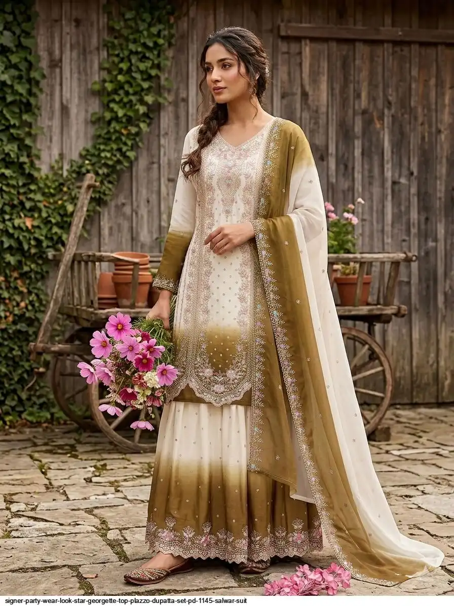 SIGNER PARTY WEAR LOOK STAR GEORGETTE TOP PLAZZO DUPATTA SET PD 1145 SALWAR SUIT 1