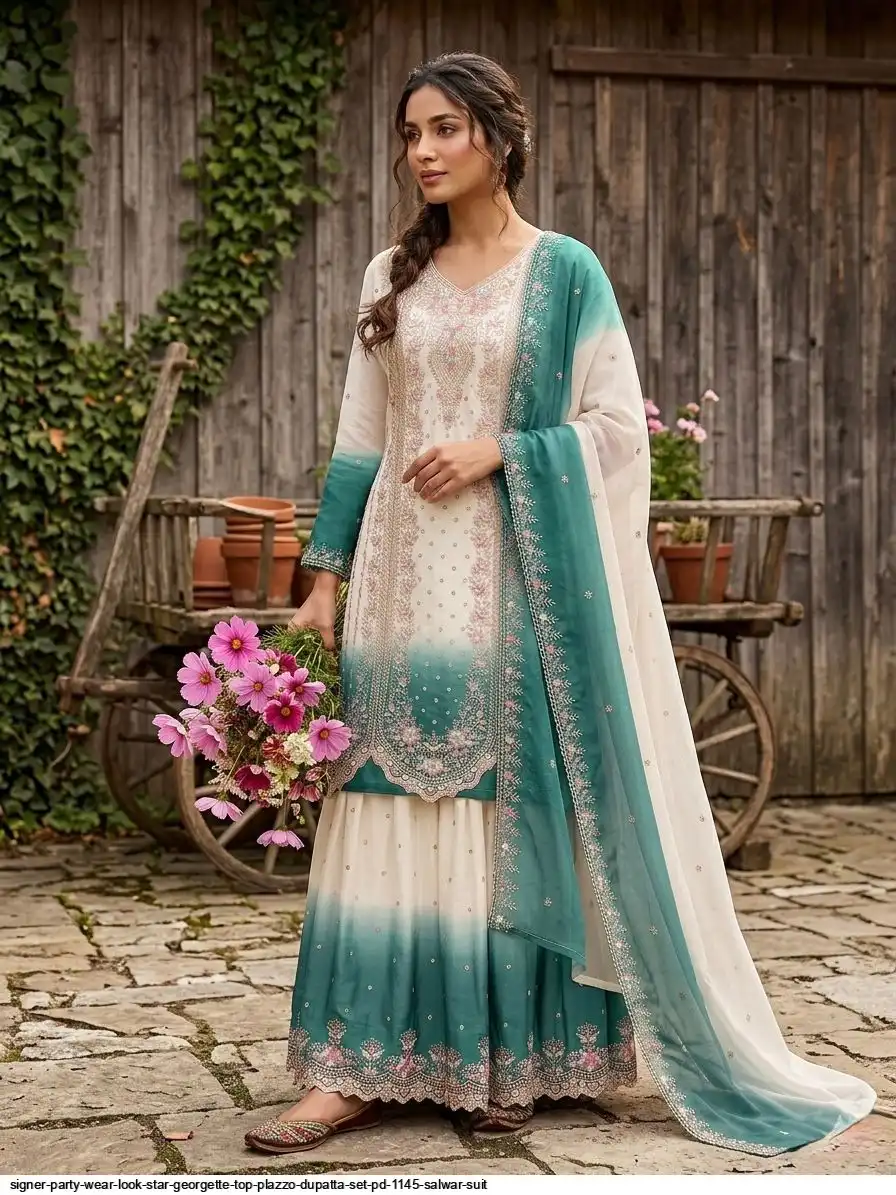 SIGNER PARTY WEAR LOOK STAR GEORGETTE TOP PLAZZO DUPATTA SET PD 1145 SALWAR SUIT 2