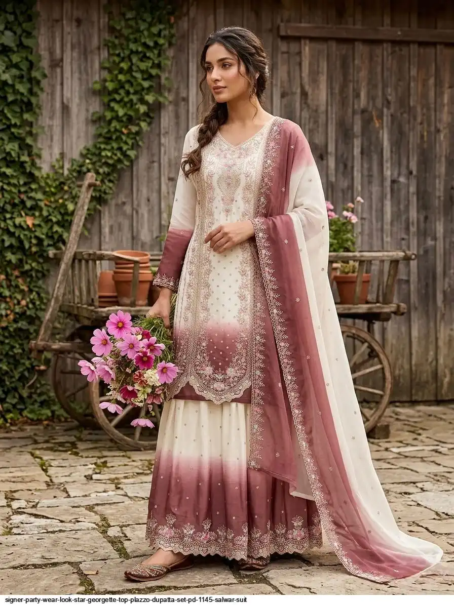 SIGNER PARTY WEAR LOOK STAR GEORGETTE TOP PLAZZO DUPATTA SET PD 1145 SALWAR SUIT 3