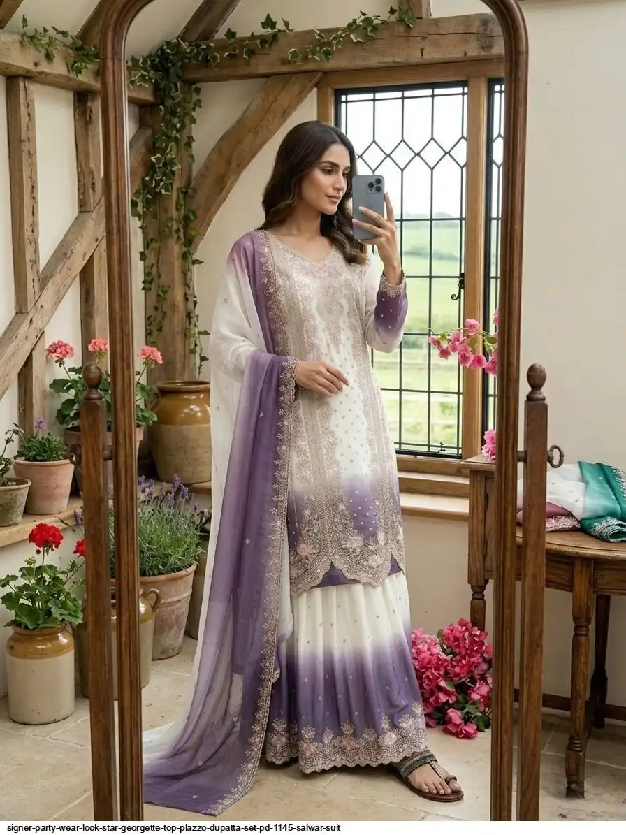 SIGNER PARTY WEAR LOOK STAR GEORGETTE TOP PLAZZO DUPATTA SET PD 1145 SALWAR SUIT 4