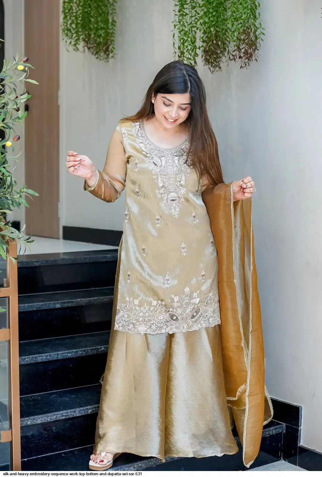 SILK AND HEAVY EMBROIDERY SEQUENCE WORK TOP BOTTOM AND DUPATTA SET SSR 531 A