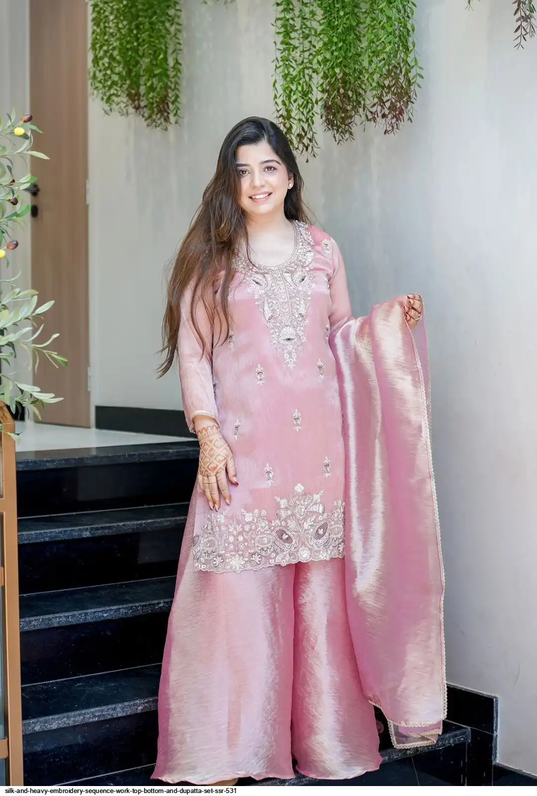 SILK AND HEAVY EMBROIDERY SEQUENCE WORK TOP BOTTOM AND DUPATTA SET SSR 531 B