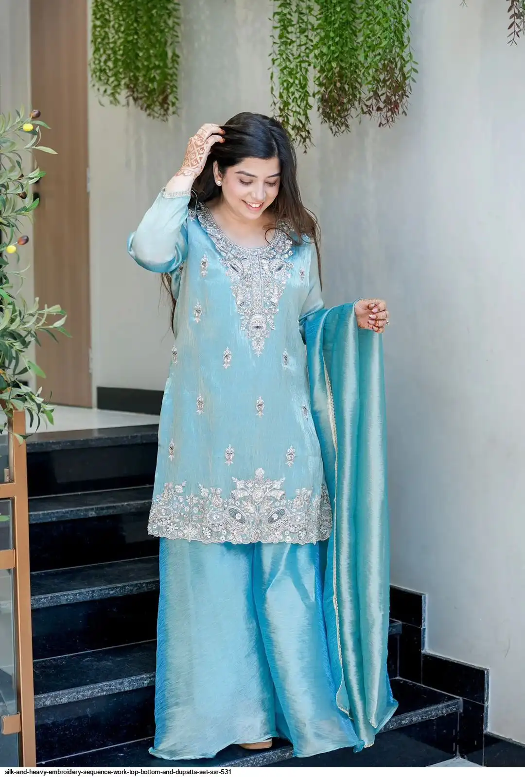 SILK AND HEAVY EMBROIDERY SEQUENCE WORK TOP BOTTOM AND DUPATTA SET SSR 531 C