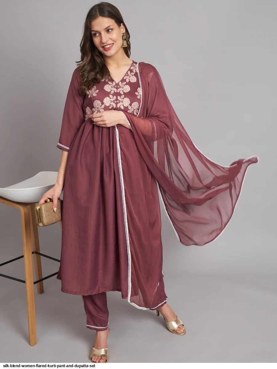 Regular& Plus Festive Long Flared Kurti Pant With Dupatta Set