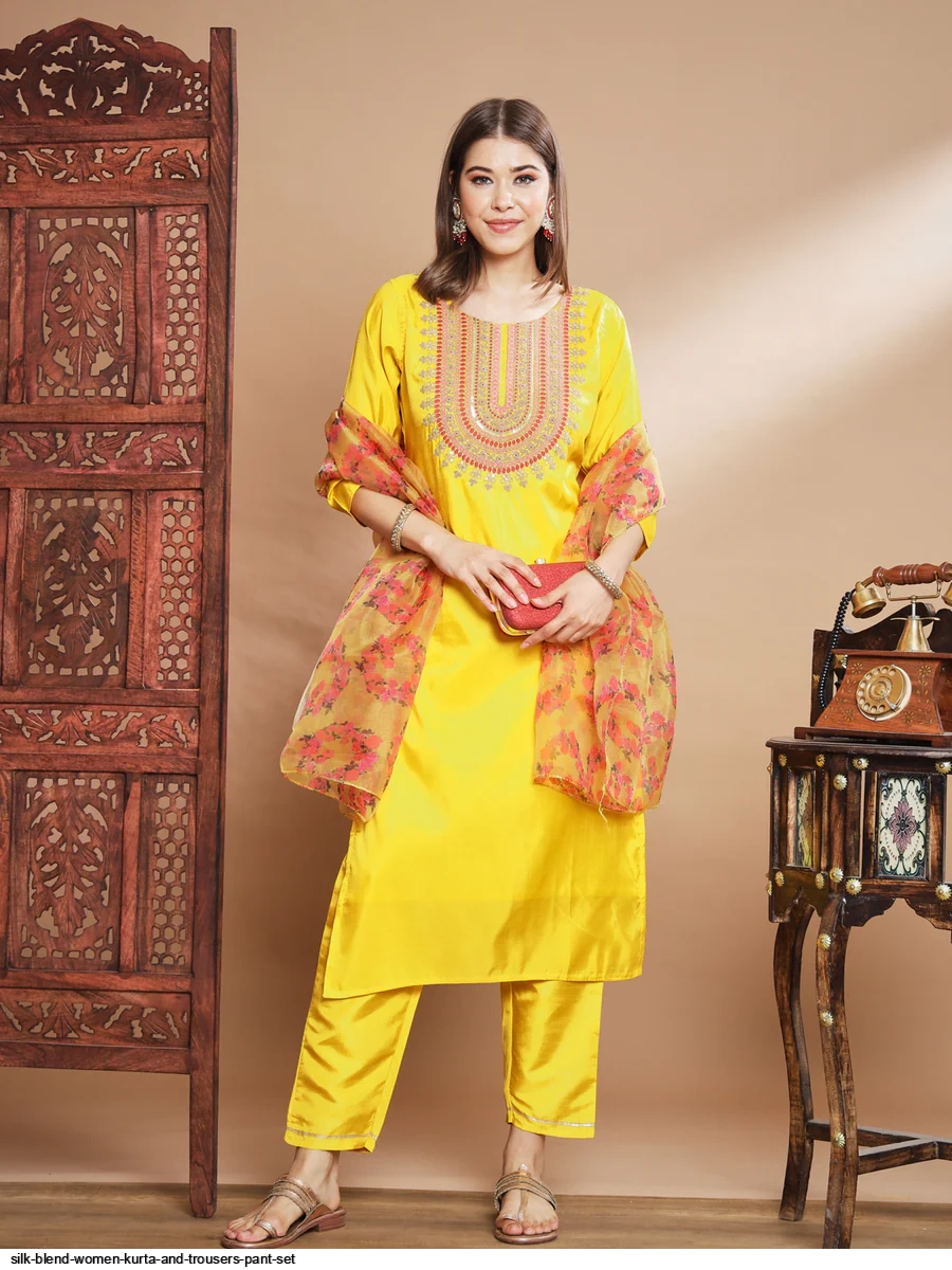 Women's Yellow Floral,Sequins_Work Kurta Trouser With Dupatta Set - Yufta |  Kurta designs, Trouser design, Women