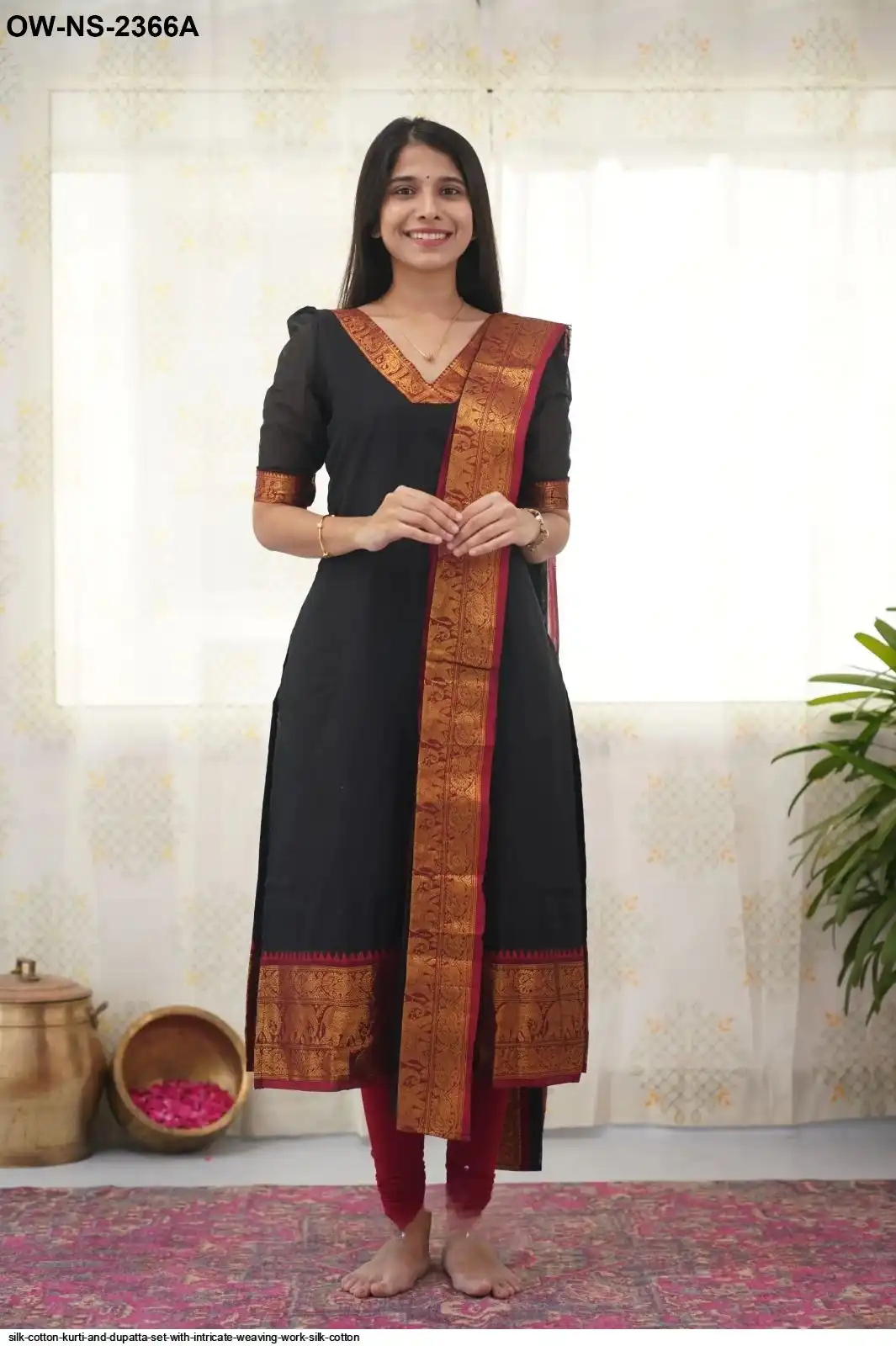 SILK COTTON KURTI AND DUPATTA SET WITH INTRICATE WEAVING WORK SILK COTTON 1
