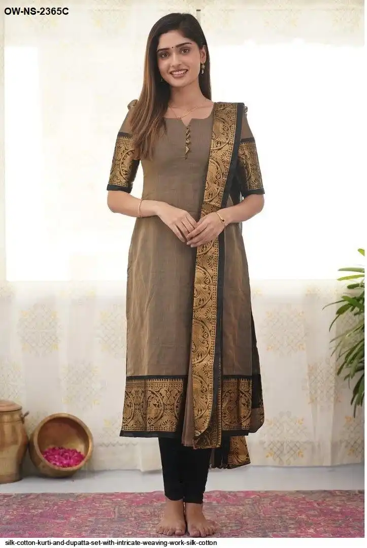 SILK COTTON KURTI AND DUPATTA SET WITH INTRICATE WEAVING WORK SILK COTTON 7
