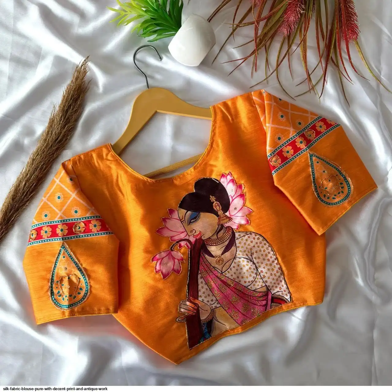 SILK FABRIC BLOUSE PURE WITH DECENT PRINT AND ANTIQUE WORK 5