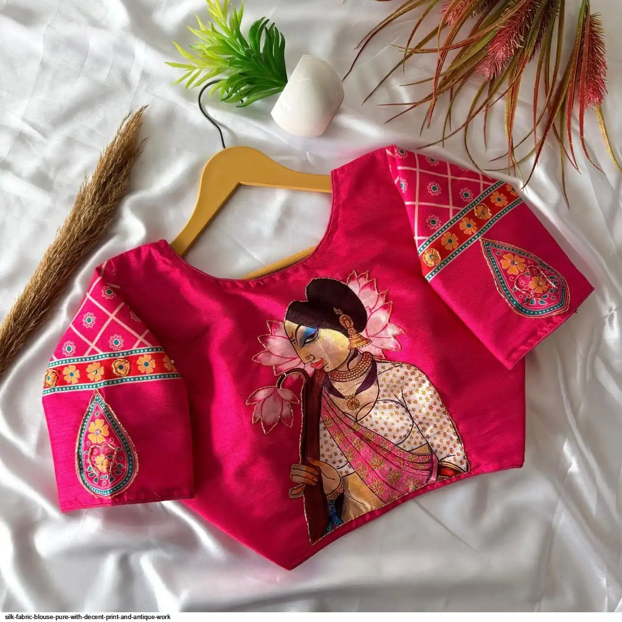 SILK FABRIC BLOUSE PURE WITH DECENT PRINT AND ANTIQUE WORK 1