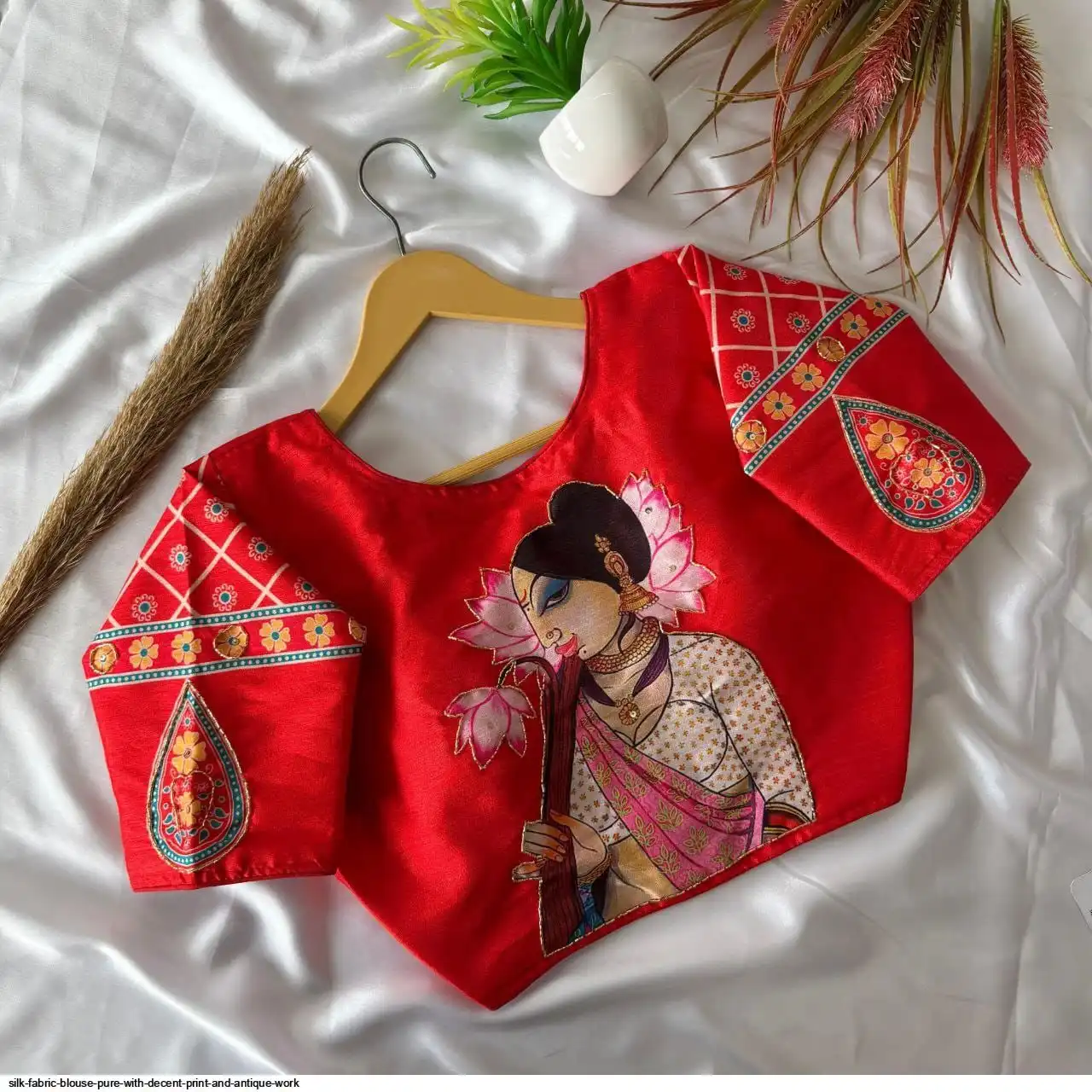 SILK FABRIC BLOUSE PURE WITH DECENT PRINT AND ANTIQUE WORK 3