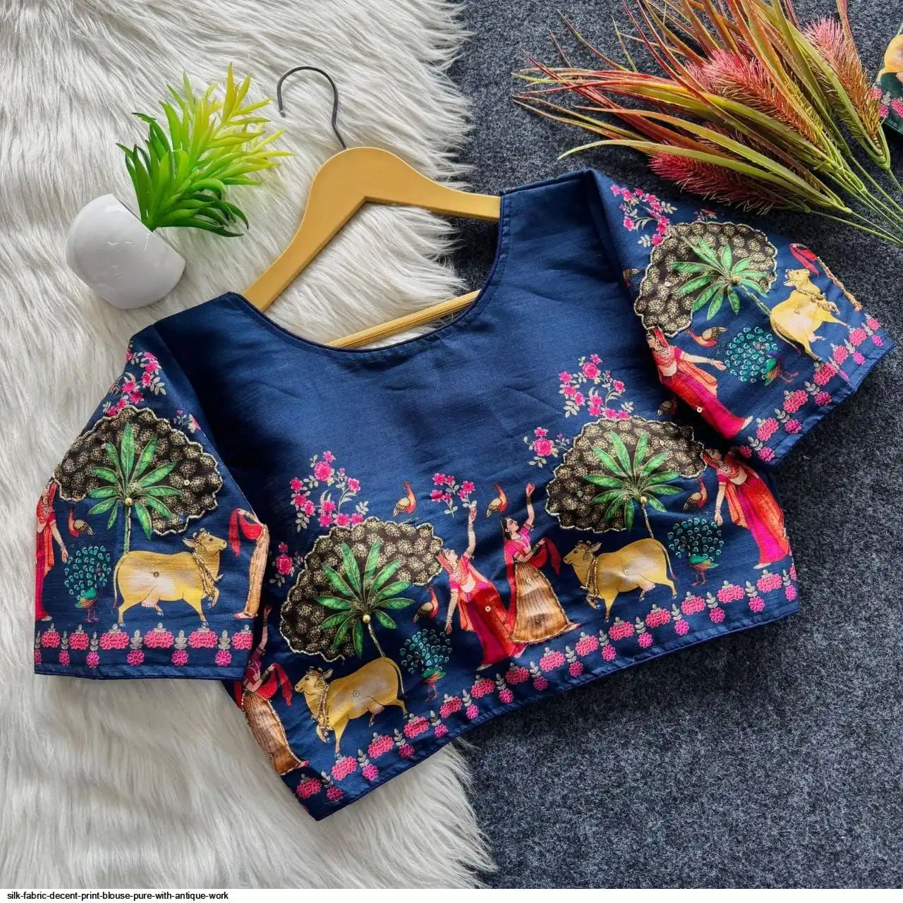 SILK FABRIC DECENT PRINT BLOUSE PURE WITH ANTIQUE WORK 1
