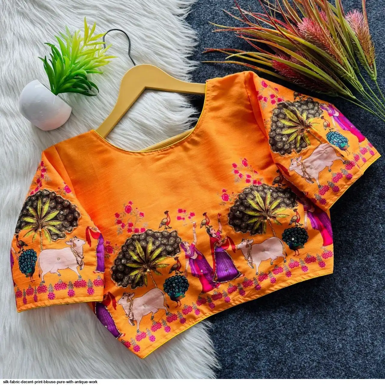 SILK FABRIC DECENT PRINT BLOUSE PURE WITH ANTIQUE WORK 4