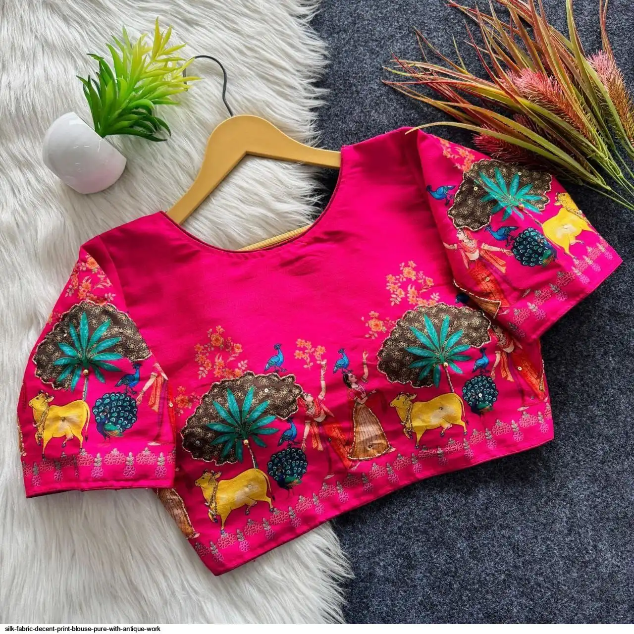 SILK FABRIC DECENT PRINT BLOUSE PURE WITH ANTIQUE WORK 5