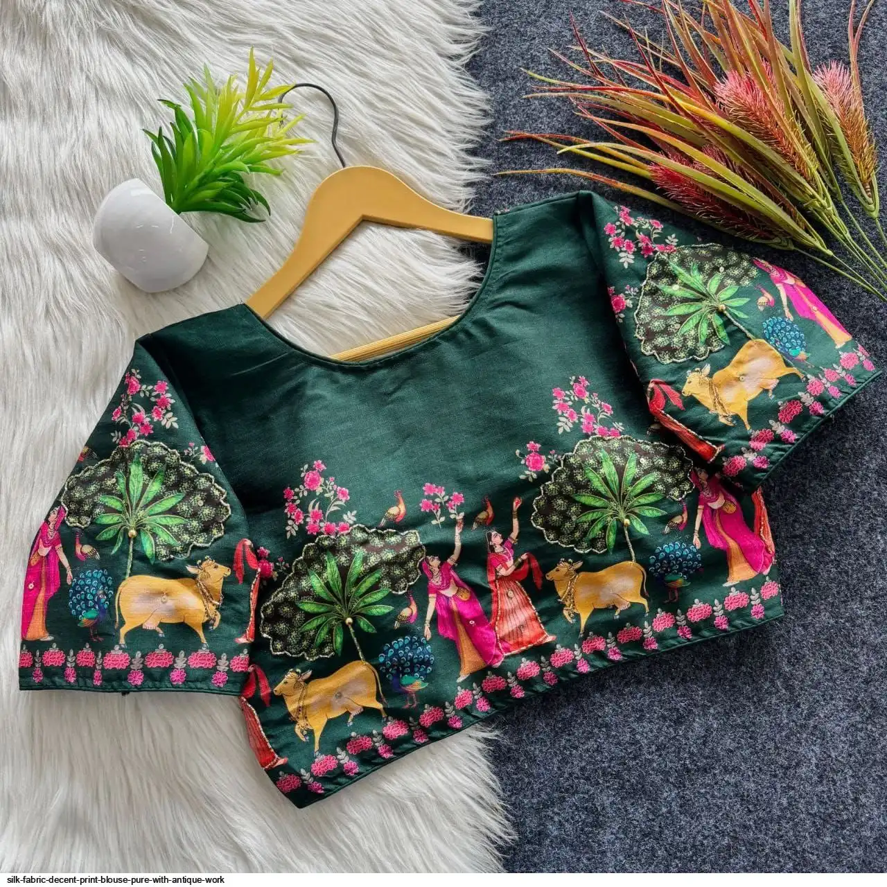 SILK FABRIC DECENT PRINT BLOUSE PURE WITH ANTIQUE WORK 3