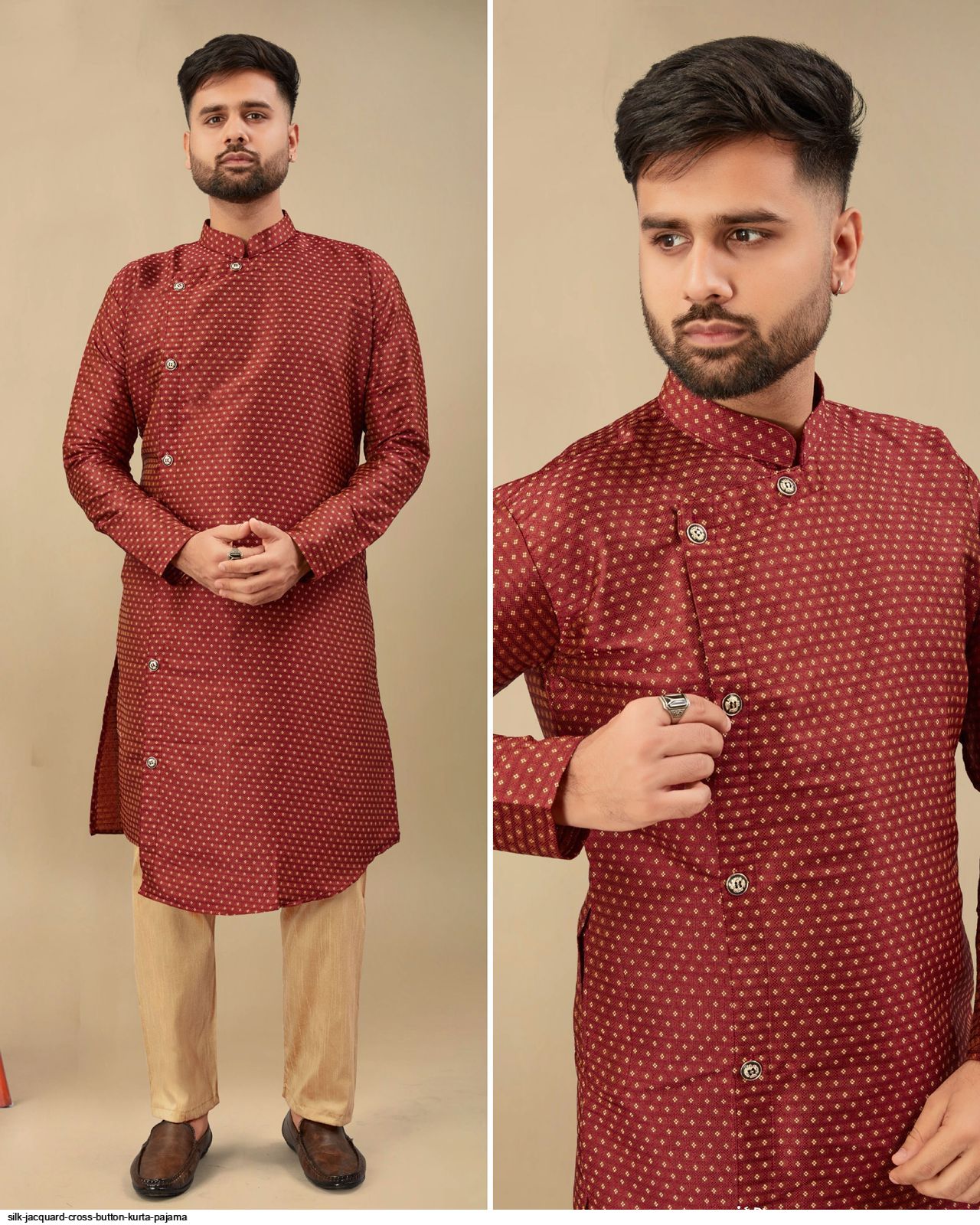 Silk Jacquard Cross button Kurta pajama