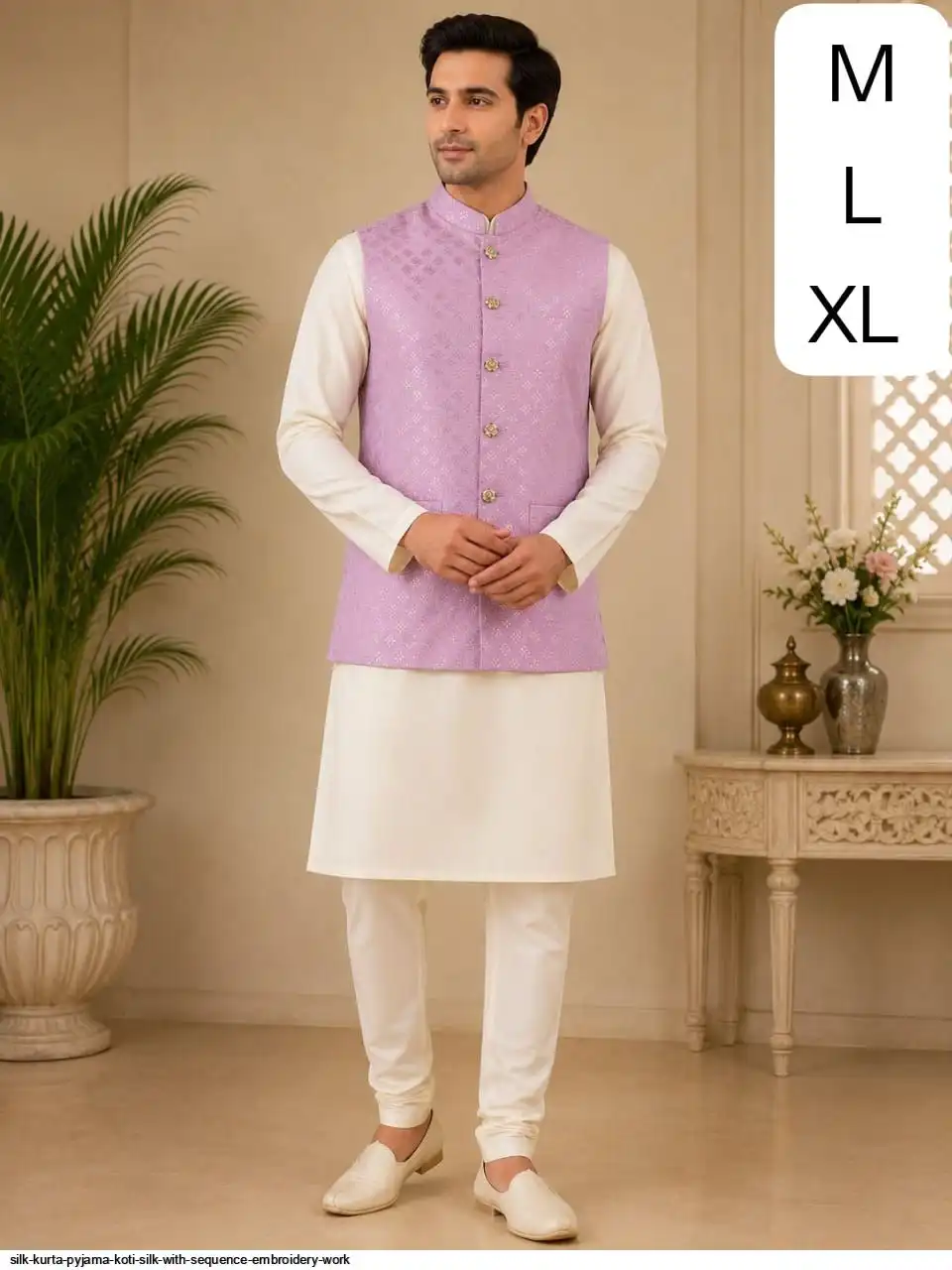 SILK KURTA PYJAMA KOTI SILK WITH SEQUENCE EMBROIDERY WORK 3