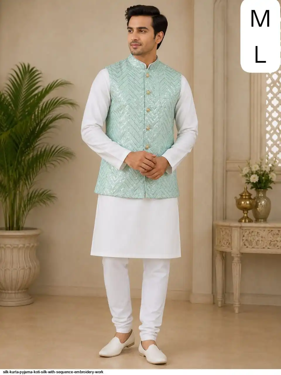 SILK KURTA PYJAMA KOTI SILK WITH SEQUENCE EMBROIDERY WORK 7
