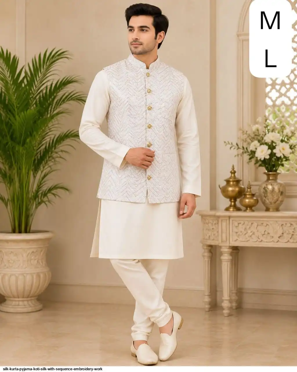 SILK KURTA PYJAMA KOTI SILK WITH SEQUENCE EMBROIDERY WORK 6