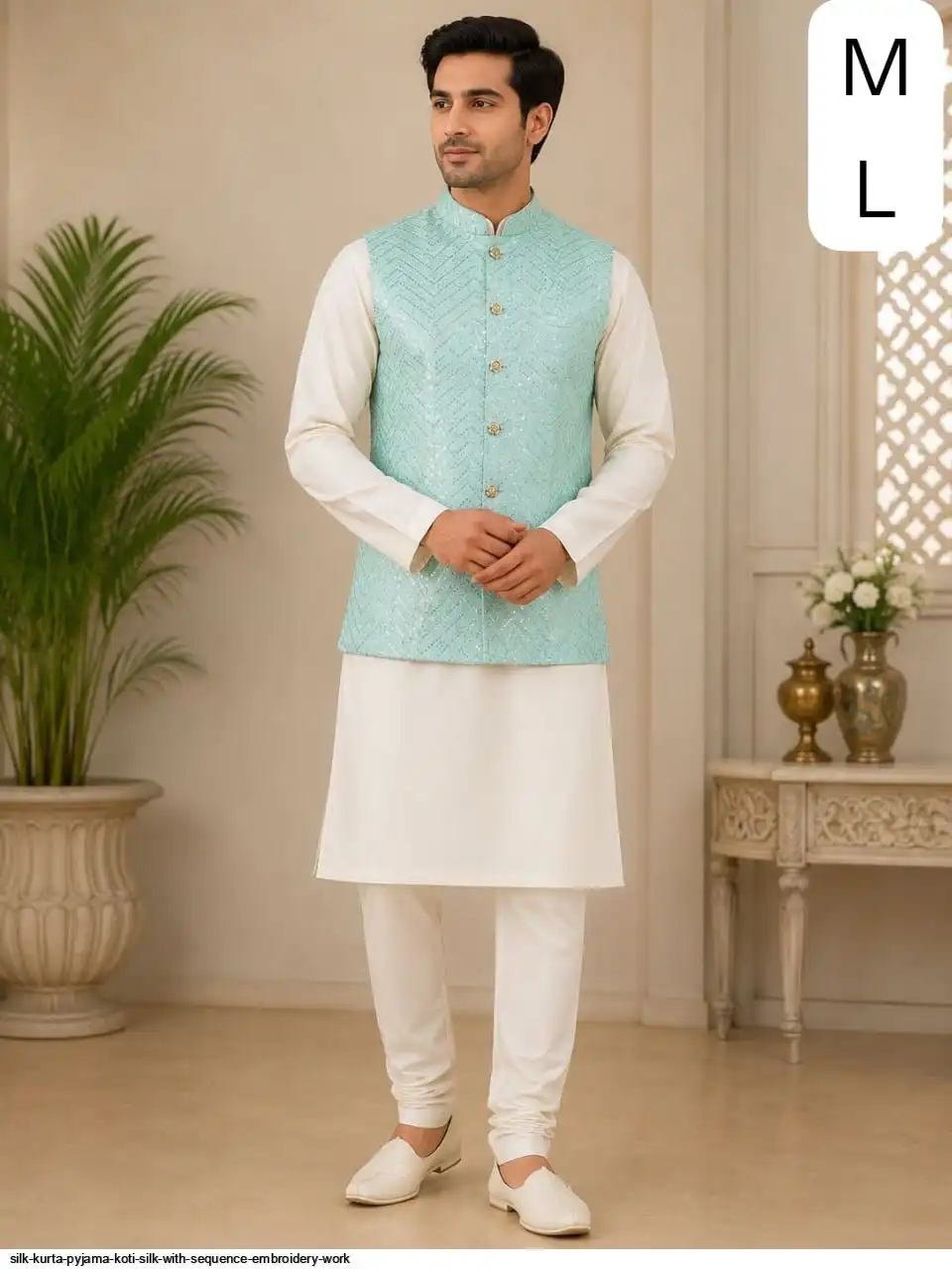 SILK KURTA PYJAMA KOTI SILK WITH SEQUENCE EMBROIDERY WORK 8