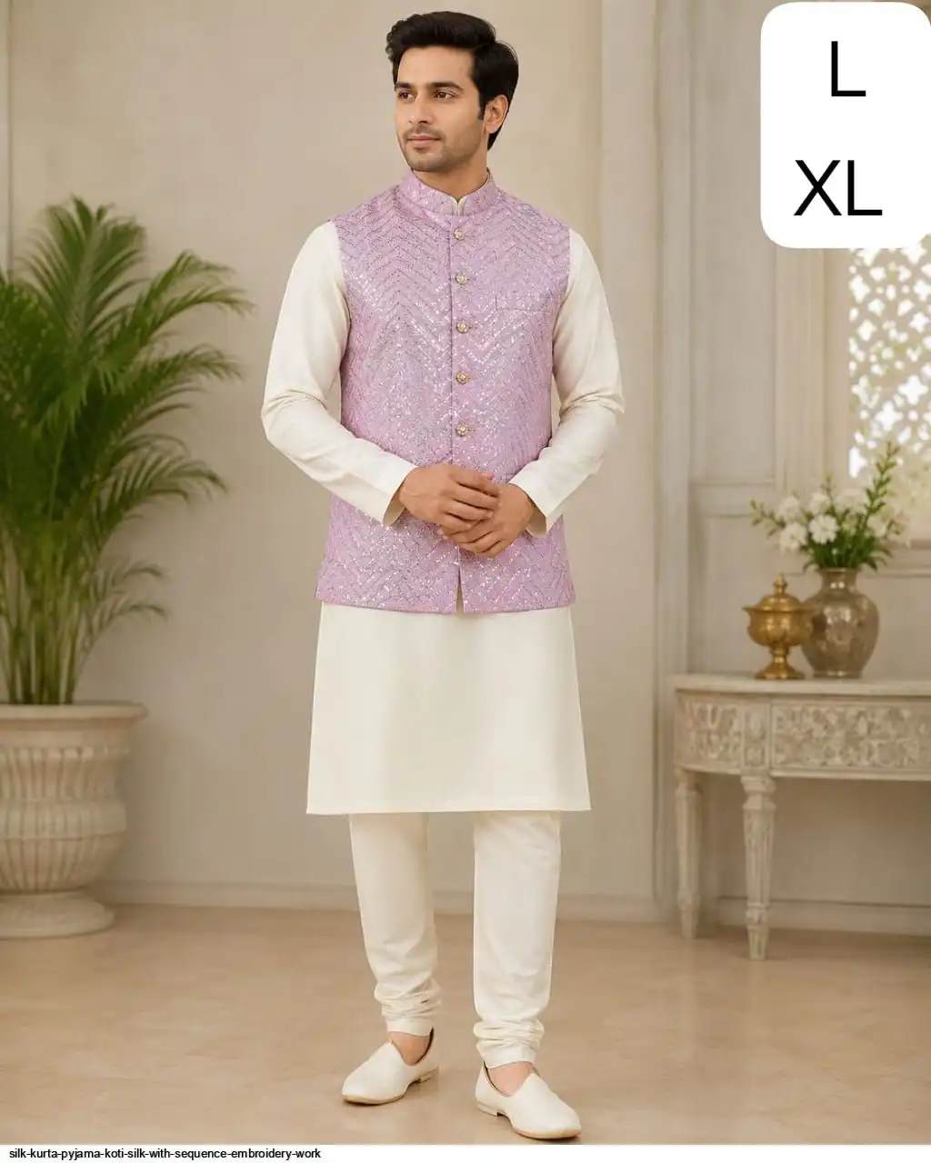 SILK KURTA PYJAMA KOTI SILK WITH SEQUENCE EMBROIDERY WORK 9