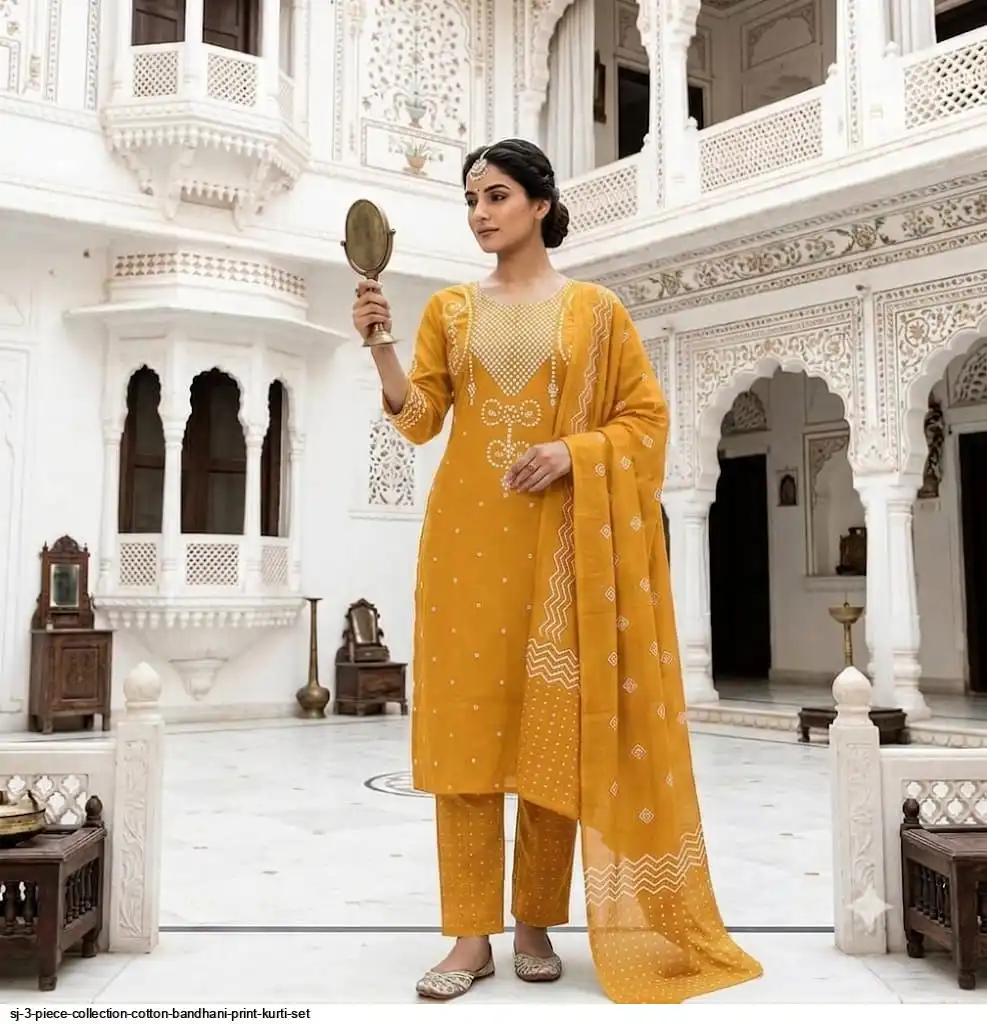 SJ 3 PIECE COLLECTION COTTON BANDHANI PRINT KURTI SET
