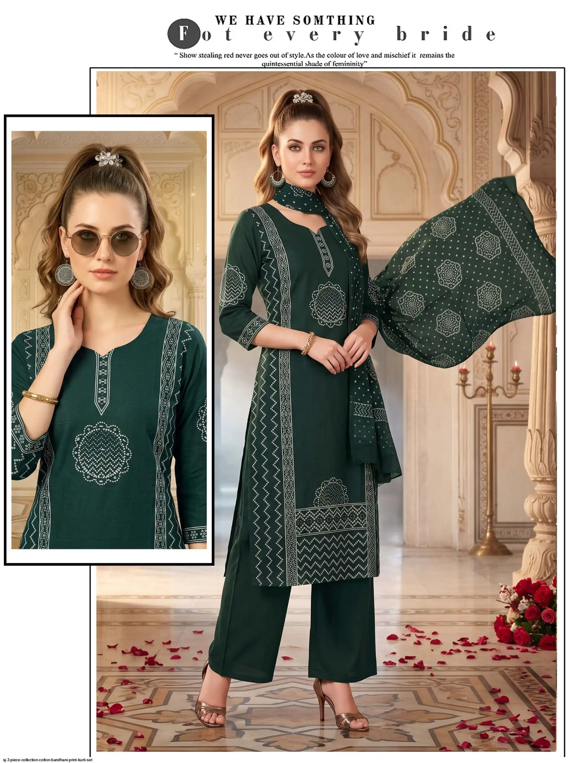 SJ 3 PIECE COLLECTION COTTON BANDHANI PRINT KURTI SET A