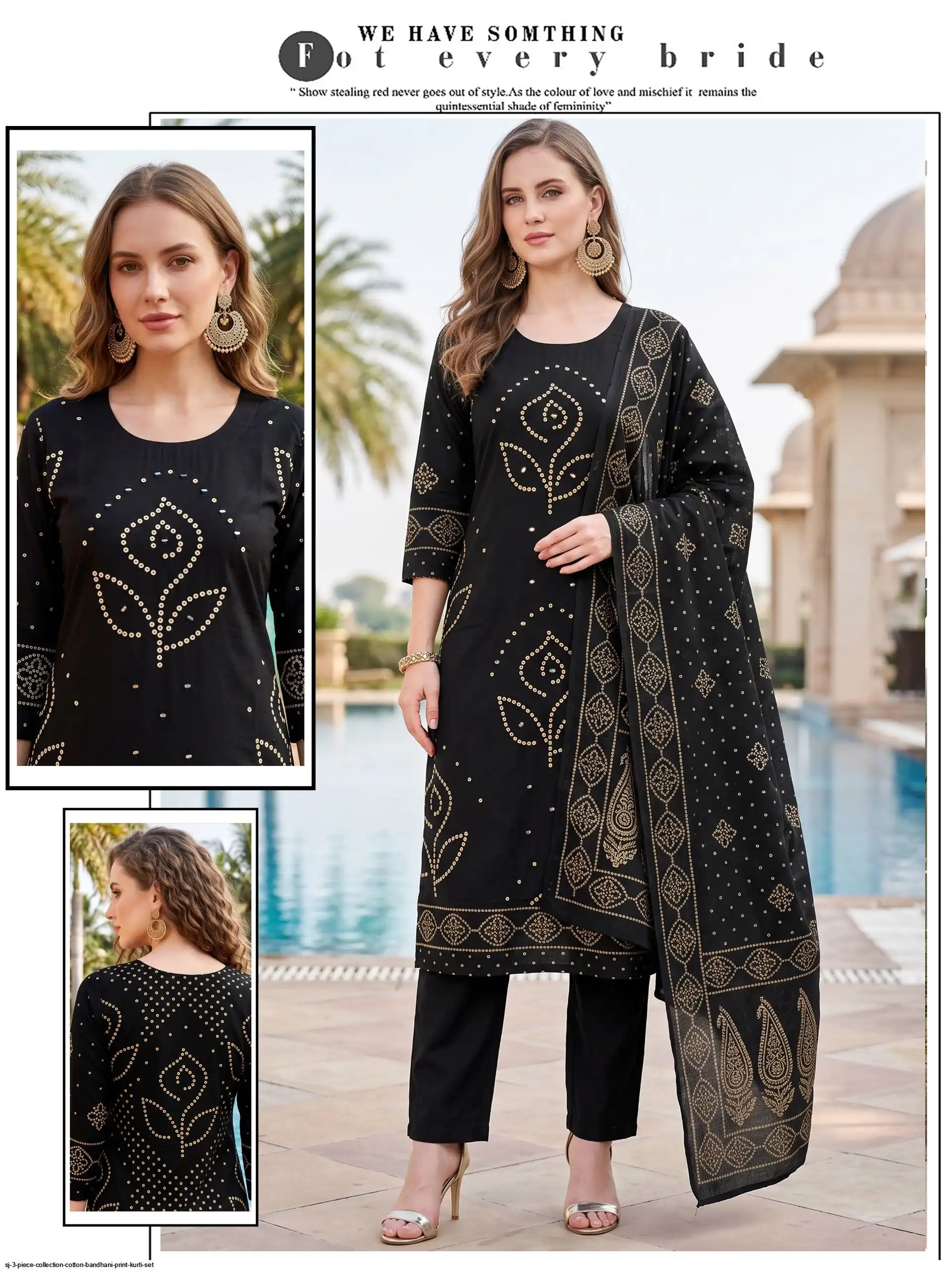 SJ 3 PIECE COLLECTION COTTON BANDHANI PRINT KURTI SET C