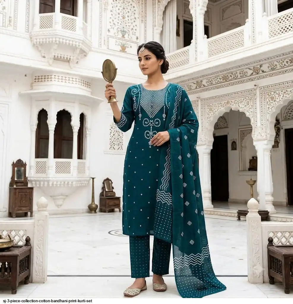 SJ 3 PIECE COLLECTION COTTON BANDHANI PRINT KURTI SET B