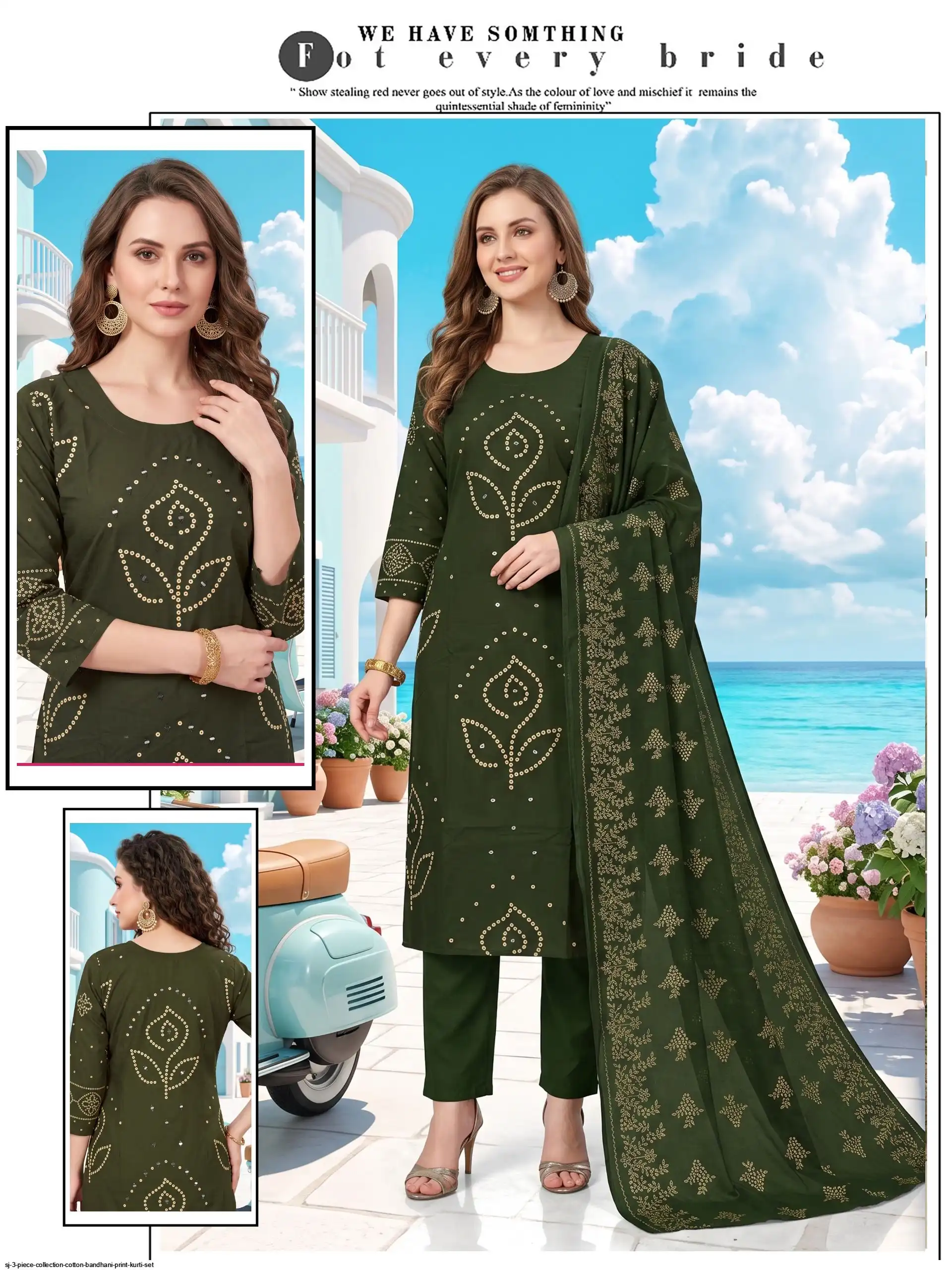 SJ 3 PIECE COLLECTION COTTON BANDHANI PRINT KURTI SET D