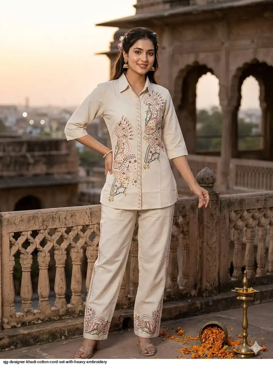 SJG DESIGNER KHADI COTTON CORD SET WITH HEAVY EMBROIDERY B