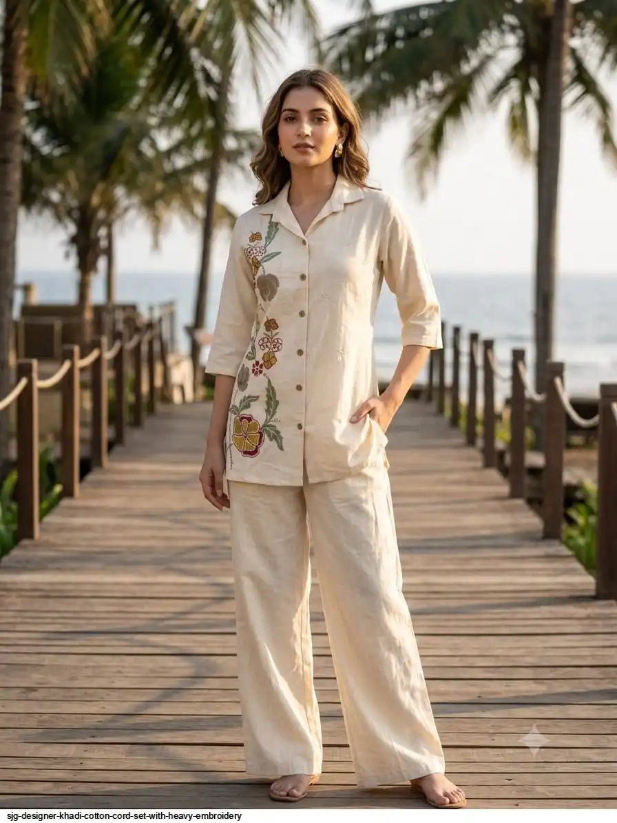 SJG DESIGNER KHADI COTTON CORD SET WITH HEAVY EMBROIDERY C