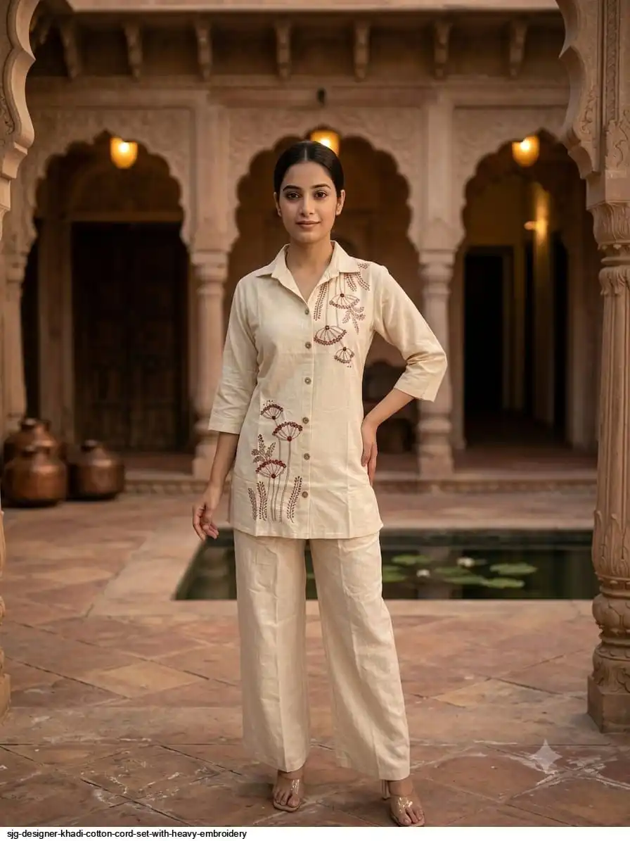 SJG DESIGNER KHADI COTTON CORD SET WITH HEAVY EMBROIDERY D