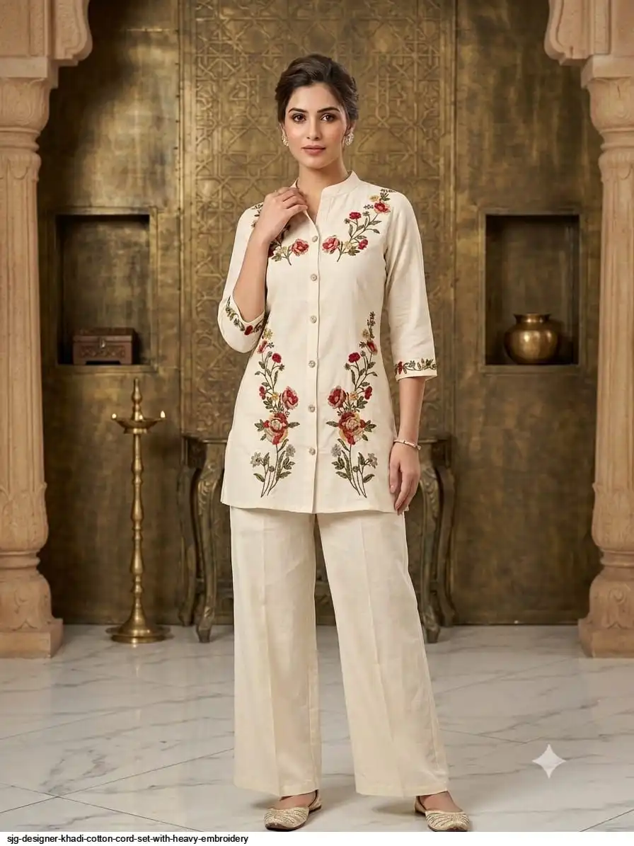 SJG DESIGNER KHADI COTTON CORD SET WITH HEAVY EMBROIDERY A