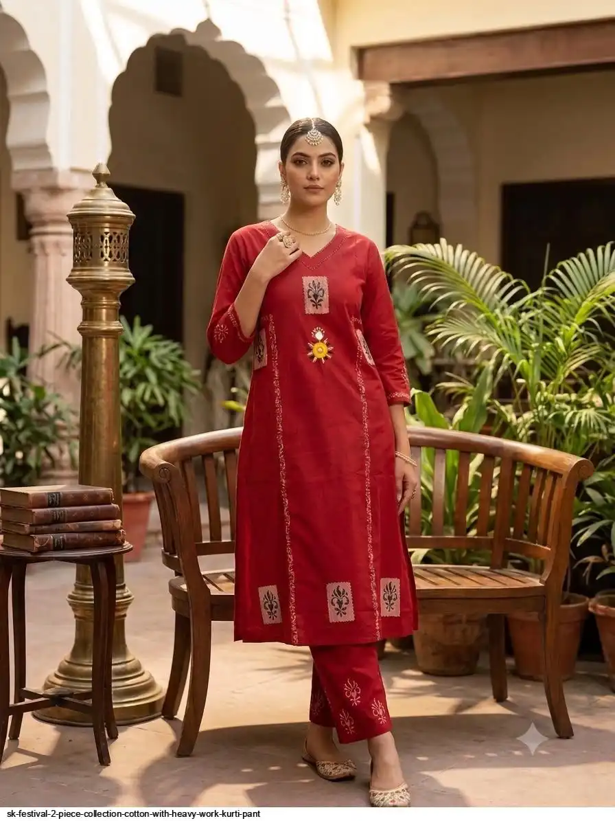 SK FESTIVAL COLLECTION COTTON WITH HEAVY WORK KURTI PANT A