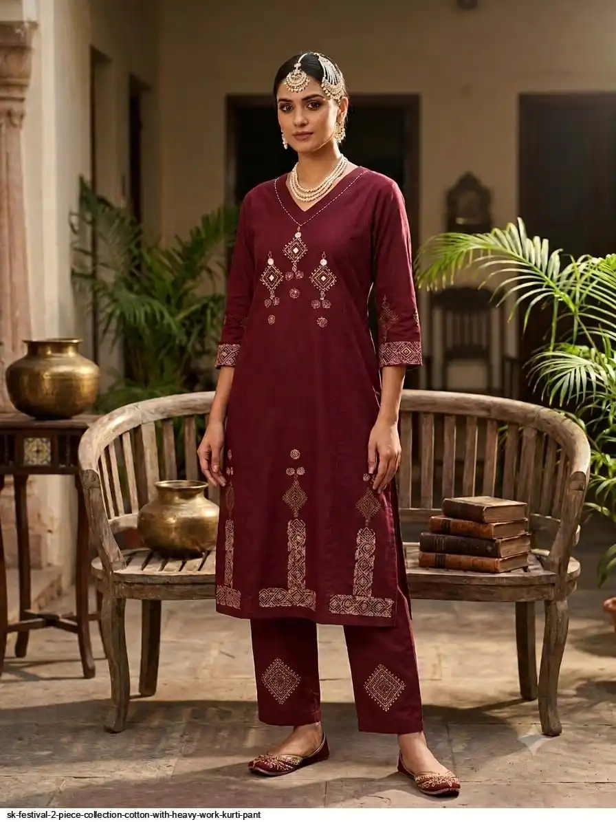 SK FESTIVAL COLLECTION COTTON WITH HEAVY WORK KURTI PANT C