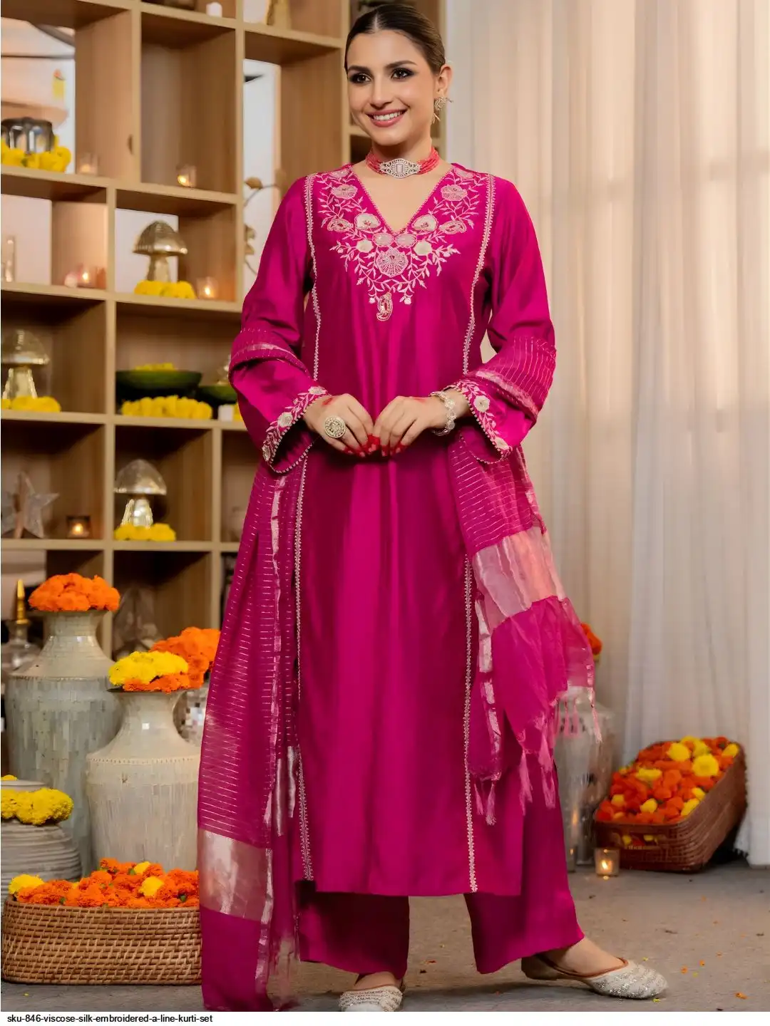 SKU 846 VISCOSE SILK EMBROIDERED A LINE KURTI SET B