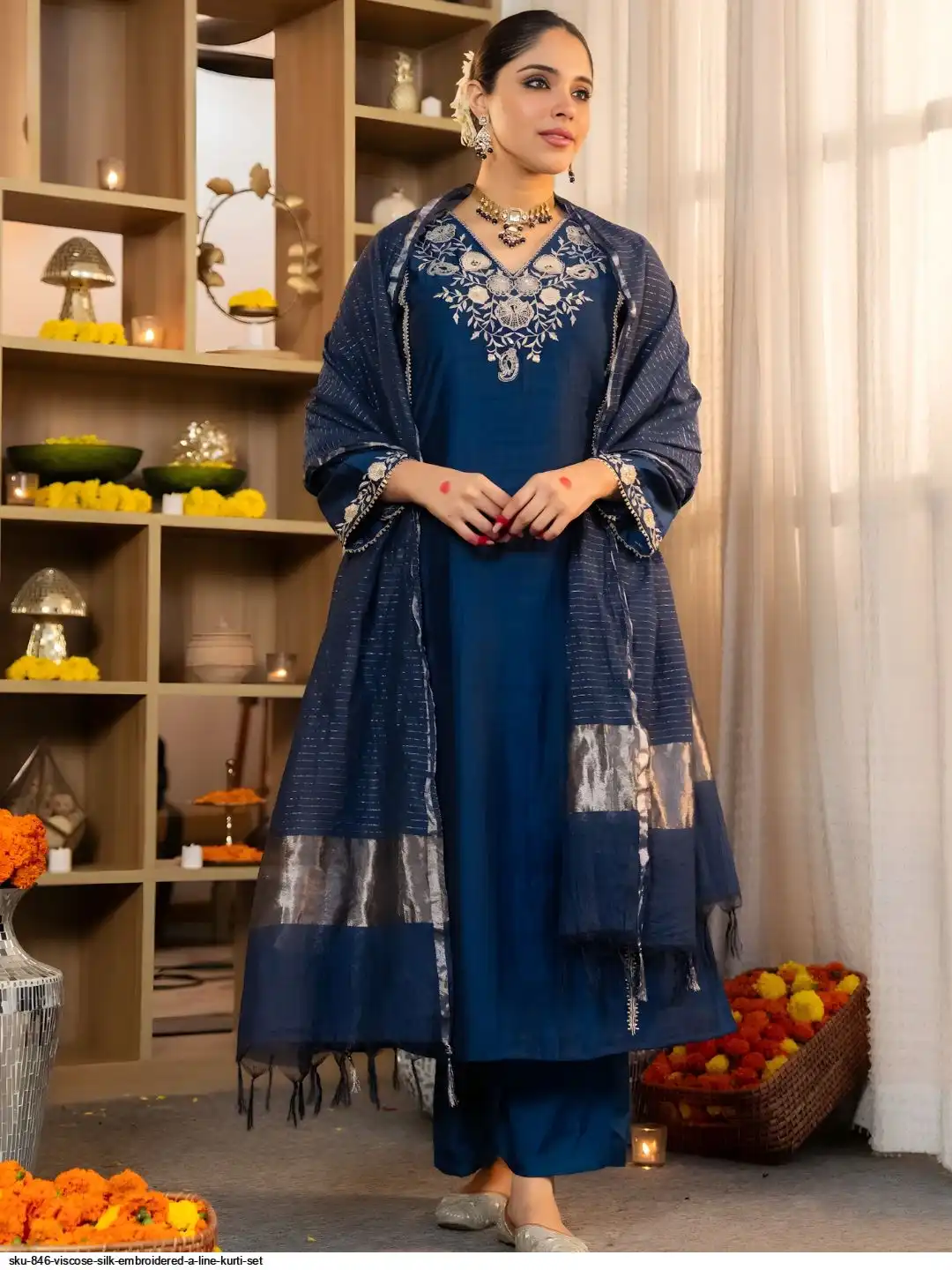 SKU 846 VISCOSE SILK EMBROIDERED A LINE KURTI SET A