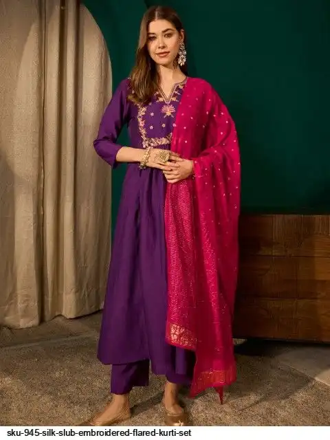 SKU 945 SILK SLUB EMBROIDERED FLARED KURTI SET D