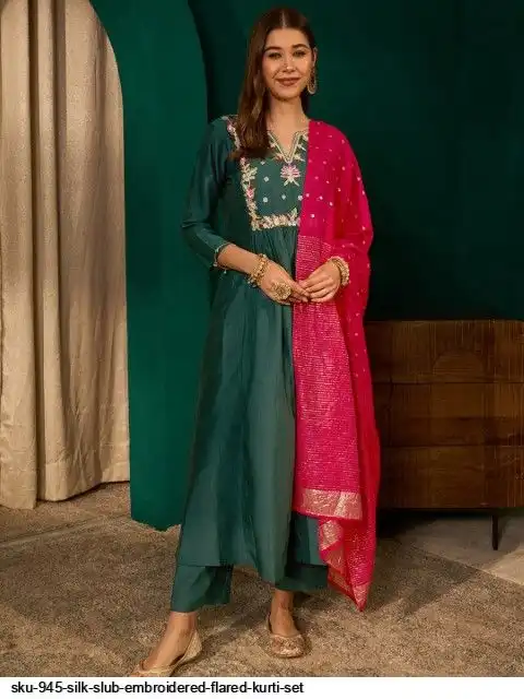 SKU 945 SILK SLUB EMBROIDERED FLARED KURTI SET A