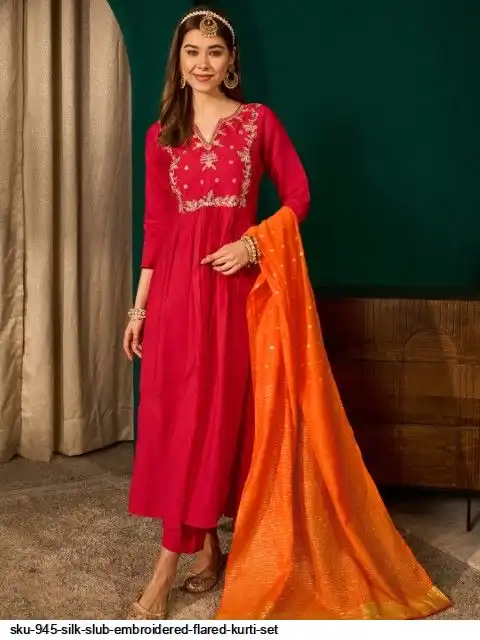 SKU 945 SILK SLUB EMBROIDERED FLARED KURTI SET C