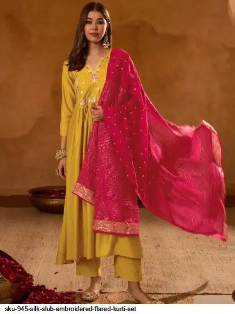 SKU 945 SILK SLUB EMBROIDERED FLARED KURTI SET B
