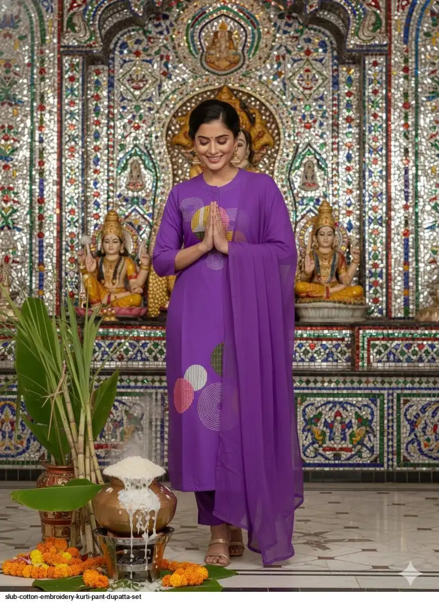 SLUB COTTON EMBROIDERY KURTI PANT DUPATTA SET A
