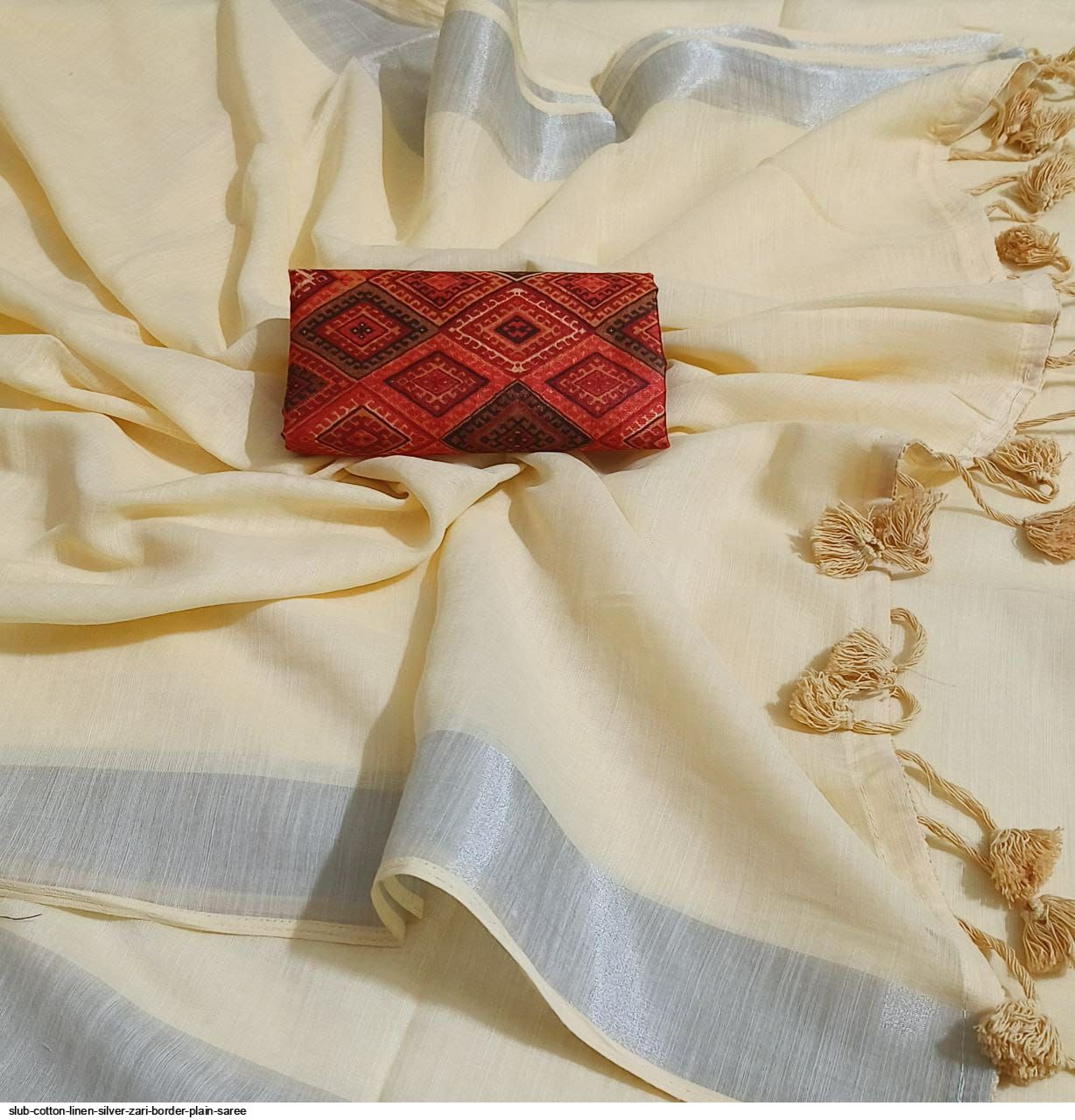 SLUB COTTON LINEN SILVER ZARI BORDER PLAIN SAREE