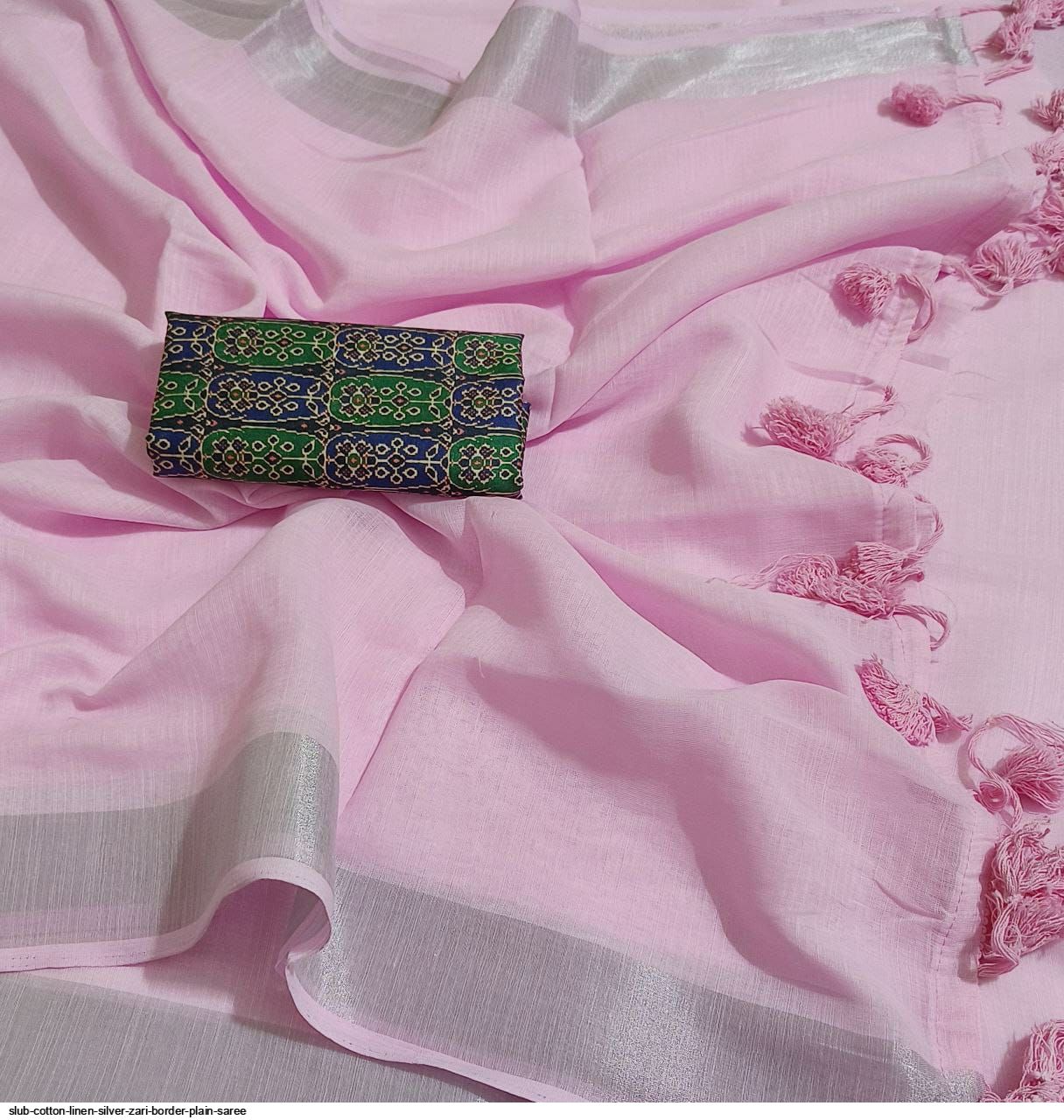 SLUB COTTON LINEN SILVER ZARI BORDER PLAIN SAREE