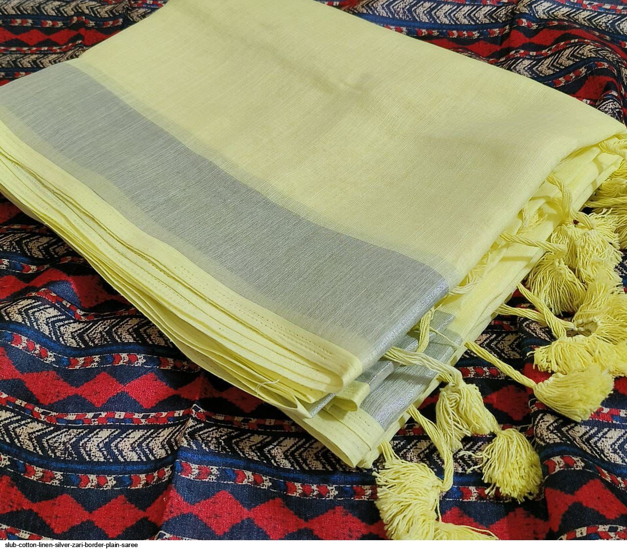 SLUB COTTON LINEN SILVER ZARI BORDER PLAIN SAREE