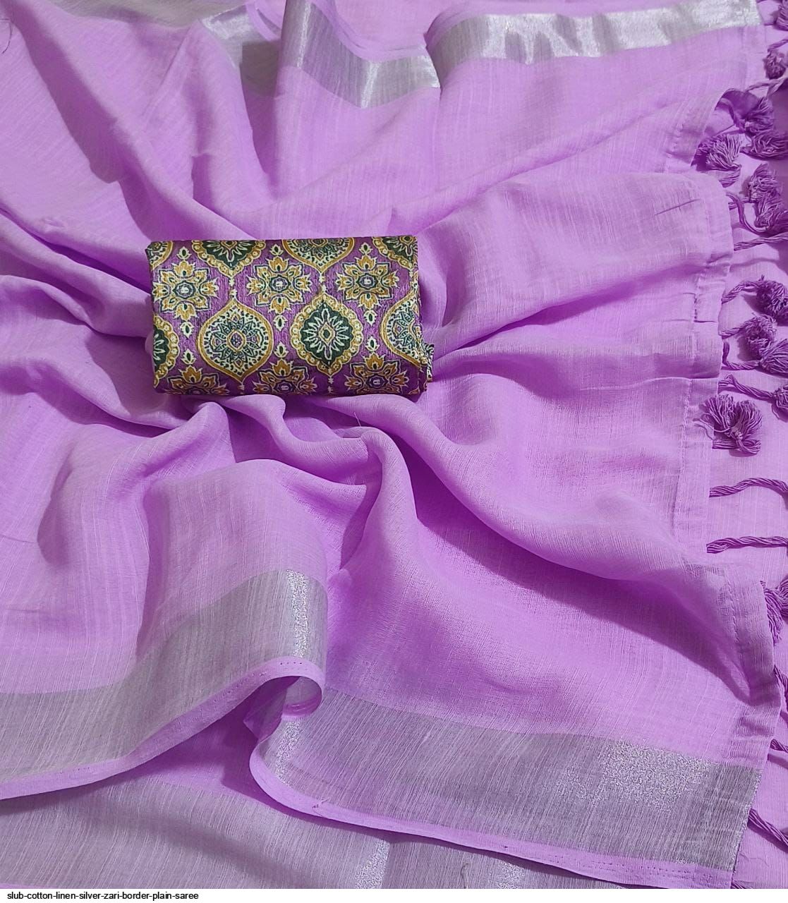 SLUB COTTON LINEN SILVER ZARI BORDER PLAIN SAREE